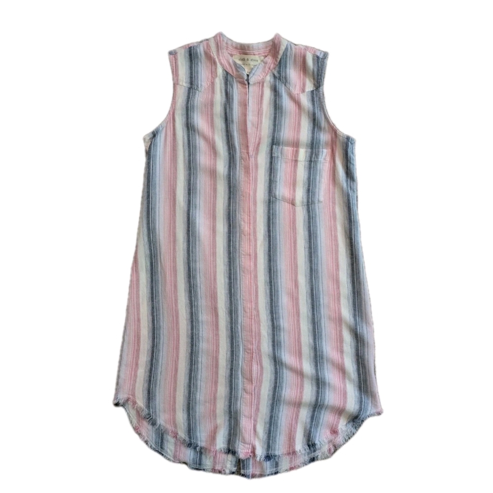 Cloth & Stone Womens Striped Linen Shirt Dress XS Raw Hem Boho Coastal Cowgirl